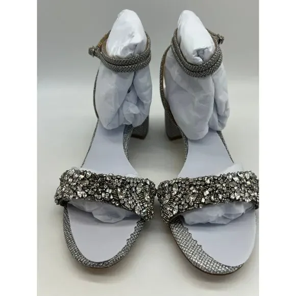 Badgley Mischka Women's Jada Ankle Wrap Block Heel Silver MP5316 Size 7.5 NIB - Picture 11 of 12